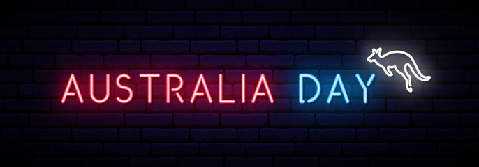 Australia Day long banner with Neon inscription and kangaroo. Vector light signboard. © greens87