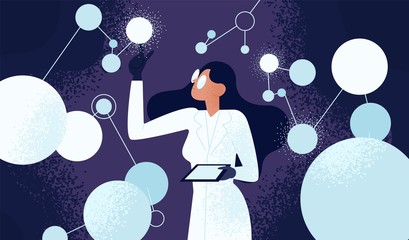 Female scientist in lab coat checking artificial neurons connected into neural network. Computational neuroscience, machine learning, scientific research. Vector illustration in flat cartoon style. - obrazy, fototapety, plakaty