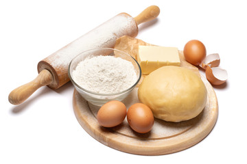 unrolled and unbaked Shortcrust pastry dough recipe on white background