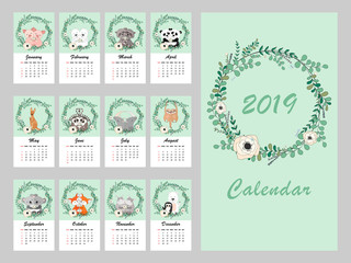 Fototapeta na wymiar Calendar 2019. Vector eucalyptus and flower wreath. Hand drawn vector illustration with cute animals in flowers