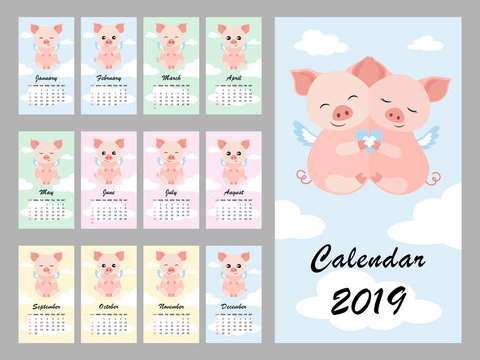 Calendar 2019 with cute pig. Hugging Piggy. Symbol of the year in the Chinese calendar. Vector illustration