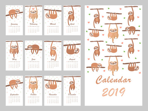Calendar 2019 with cute sloth. Vector illustration