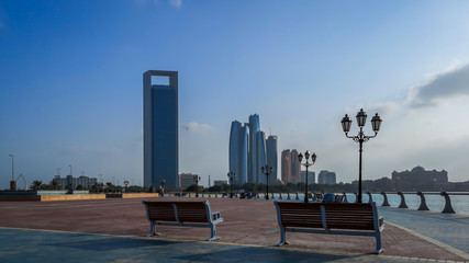 Obraz premium Beautiful view of Abu Dhabi city street, famous skyscrapers, and towers