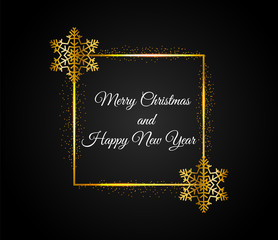 Golden rectangular frame with falling shiny dust and Golden snowflakes. Square with the inscription merry Christmas and Happy New Year. Banner with light effect on isolated dark background.