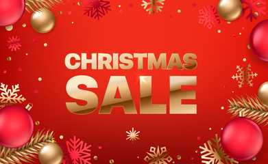 Christmas sale inscription. Golden text on red background. banner, poster, logo golden