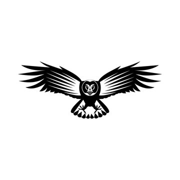Vector, flat image of the attacking owl, in flight with open wings, black and white, on an isolated white background
