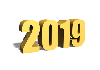 2019 New Year. Golden Text with shadow. 3D rendering.