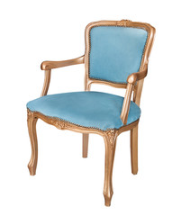 Gorgeous old chair with gold legs and armrests and blue velor padding Isolated on white background. Retro style. Vintage furniture