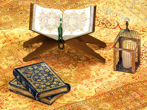 3d Render Of Holy Book, Koran And Carpet Decor