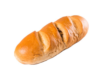 Delicious baguette, fresh pastries on white