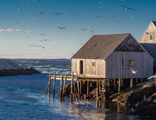 Wooden house on stilts by ocean with birds in sky at sunset, Peggy's Cove village,