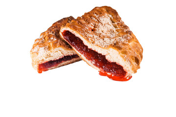Closeup of juicy sweet pie with strawberry filling on white background