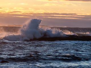 Obraz premium Winter waves at Peggy's Cove in Nova Scotia during sunset, peaceful, waves, powerful.