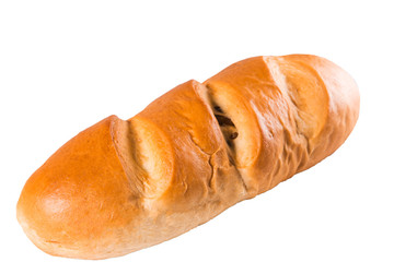 Delicious baguette, fresh pastries on white isolate background