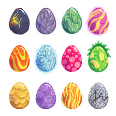 Eggs of fantasy dragon or dinosaur bright set