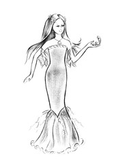The girl in the image of a mermaid with long hair and a pearl in her hand is standing straight. Fashion Illustration drawn graphic hand on a white background