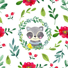 Seamless pattern with cute forest animals, flower and leawe on a white background