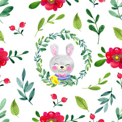 Seamless pattern with cute forest animals, flower and leawe on a white background