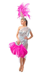 Attractive girl with perfect makeup and headdress from natural feathers.
