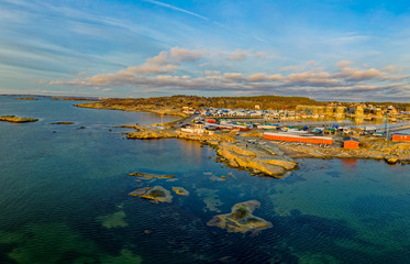 Panorama overview of Fiskebäck marina west of Gothenburg in low standing sun