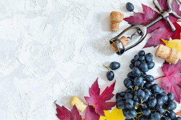 Black grapes, corkscrew and colorful autumn leaves.