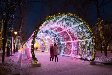 Glowing tunnel on Tverskoy Boulevard in the New year and Christmas holidays in the early morning, Moscow, Russia