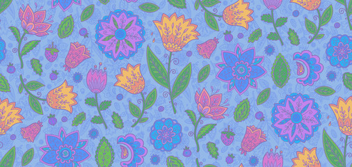 Fototapeta na wymiar Blue vintage ornate violet flowers vector seamless textile pattern tile