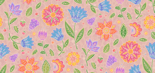 Fototapeta na wymiar Doodle flowers in vintage style pastel colors vector floral textile seamless pattern tile
