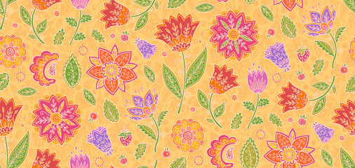 Trendy colors vector floral vintage ornament textile tile, vector seamless pattern