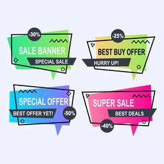 Sale banner collection, discount tag, special offer. Website stickers on a geometry memphis colorful abstract background, web design. Vector illustration.