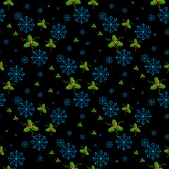 Snowflakes decorated with circles and dots. Vector winter design on black background. Christmas and New Year theme. Happy smiling violet and blue snowflakes seamless pattern.