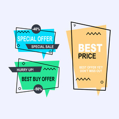 Sale banner collection, discount tag, special offer. Website stickers on a geometry memphis colorful abstract background, web design. Vector illustration.
