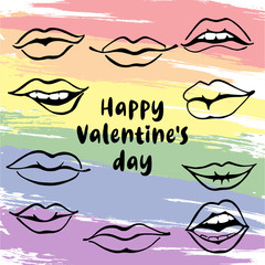 Valentine's day drawn lips on a rainbow background
