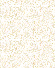 Delicate Hand Drawn Floral Vector Pattern. Light Gold Rose Flowers Isolated on a White Background. Subtle Pastel Color Drawing.  Lovely Repeatable Pattern.