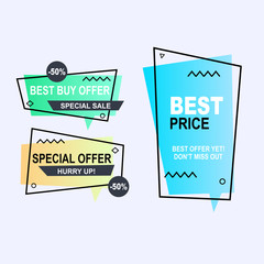 Sale banner collection, discount tag, special offer. Website stickers on a geometry memphis colorful abstract background, web design. Vector illustration.