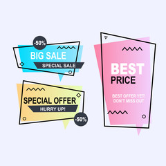 Sale banner collection, discount tag, special offer. Website stickers on a geometry memphis colorful abstract background, web design. Vector illustration.