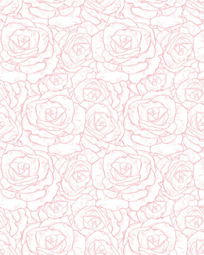 Lovely Floral Repeatable Print with Pink Roses. Seamless Vector Pattern with Light Pink Rose Flowers Isolated on a White Background. Subtle Pastel Color Drawing.  