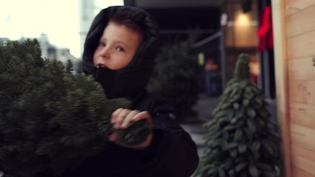 One little kid boy holding christmas tree. Happy children in winter clothes carrying and buying christmas tree in outdoor shop. Family, tradition, celebration concept - Image