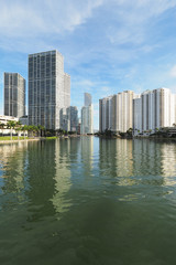 Miami, Florida 09-08-2018 Buildings of the City of Miami and Brickell Key and their reflections on...