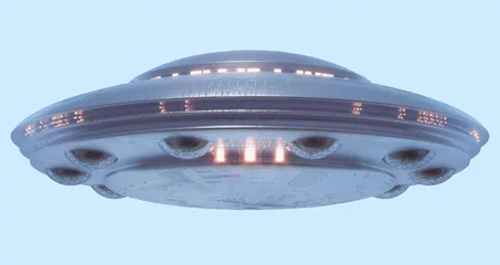Papier Peint photo UFO Objet volant non identifié sur fond neutre bleu clair. Image avec chemin de détourage inclus.