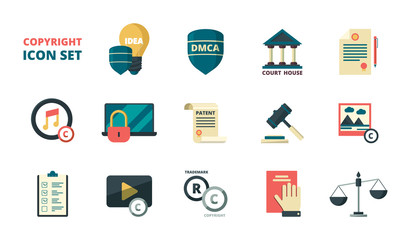 Patent copyright icons. Intellectual property individual personal rights legal regulation quality administration vector symbols. Right copyright and trademark, protection author brand illustration