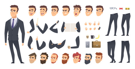 Businessman constructor. Coworkers manager or business person people keyframes animation character vector creation kit. Businessman character, creation animation generator illustration