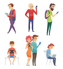 People with gadgets. Male female kids student lifestyle smartphones tablets laptop mobile phone chatting smart pad vector characters. Illustration of female and male with phone and tablet