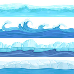 Seamless water waves. Liquid and ice surface ocean and river texture vector backgrounds for 2d platforming games. Sea water pattern wave, marine ice curve illustration