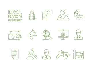 House for sale icons. Realtor rent or selling buildings realty symbols new homeowner vector linear thin pictures. Real estate thin line icon set, residential apartment building illustration