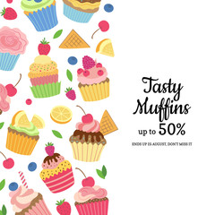 Vector cute cartoon muffins or cupcakes background with place for text illustration. Bakery card, sweet cupcake delicious