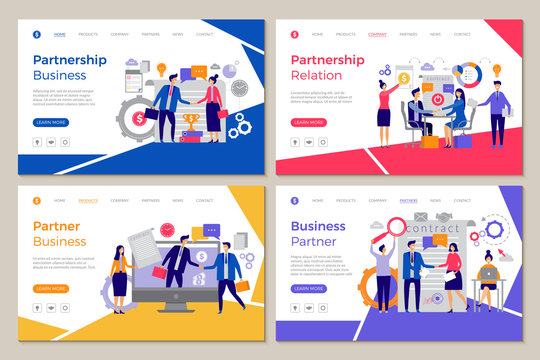 Business Partners Landing. Web Pages Template Brainstorming People Work Partnership Finance Meeting Strategy Vector Designs. Partnership Business, People Partner Relationship Illustration