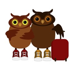 nice owls wih baggage isolated on white 