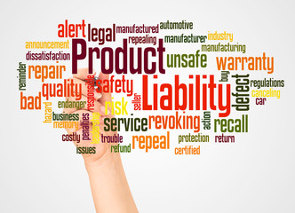 Product Liability word cloud and hand with marker concept - obrazy, fototapety, plakaty