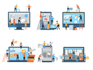 Making site. Web pages under construction seo optimization marketing simple people group business team vector stylized characters. Web programmer making optimization page seo illustration